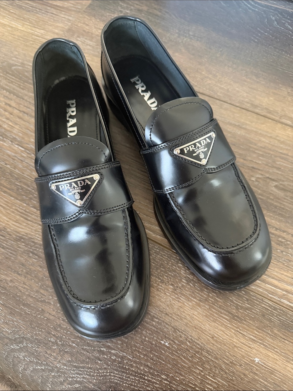 Prada Black Patent Leather Logo Penny Loafers